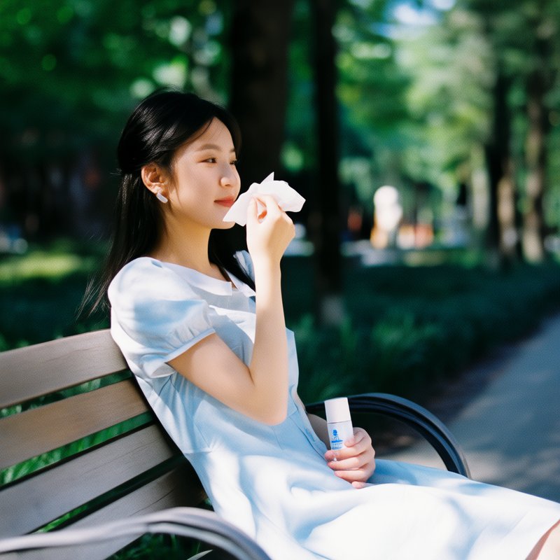 户外公园女性准备补涂防晒霜