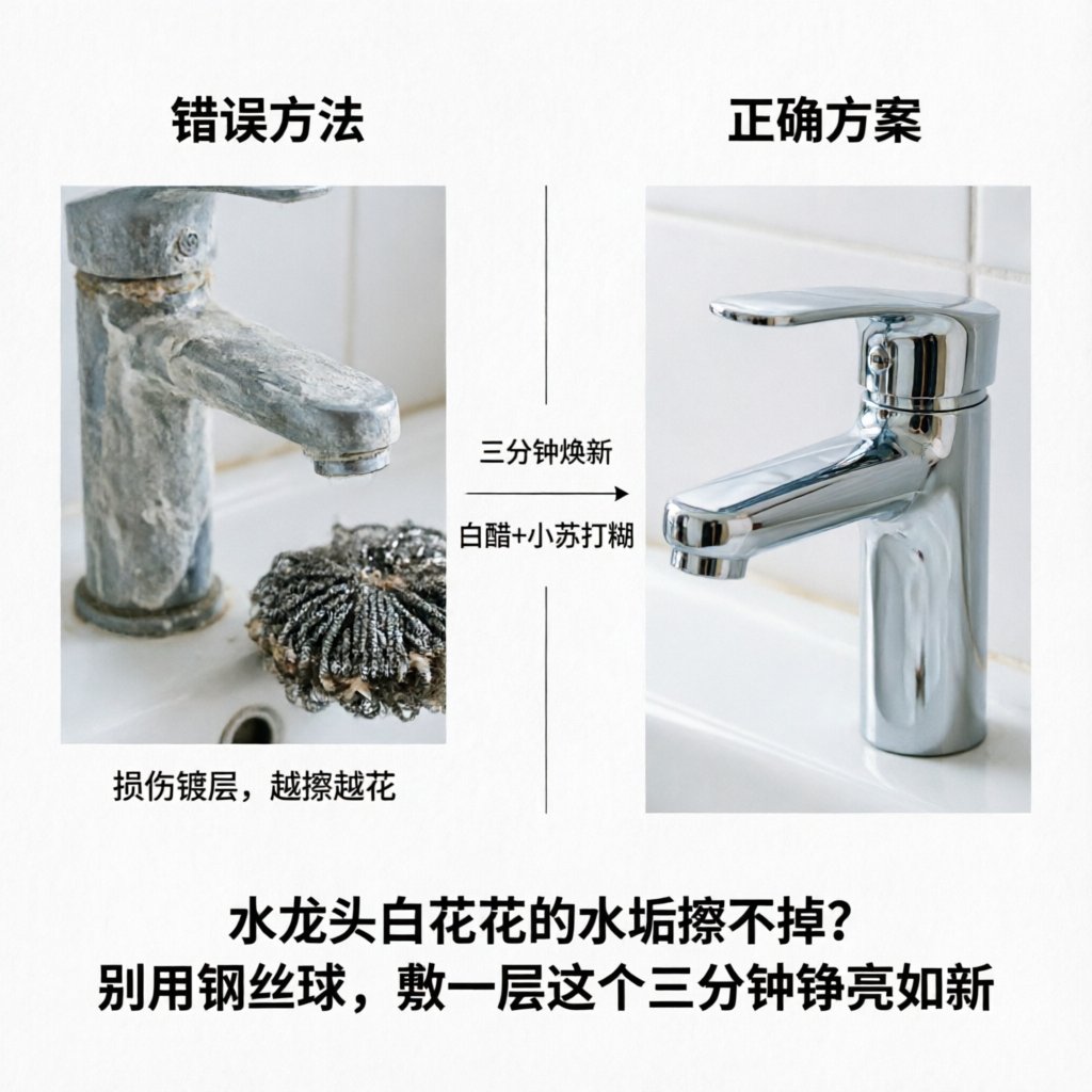 水龙头白花花的水垢擦不掉？别用钢丝球，敷一层这个三分钟锃亮如